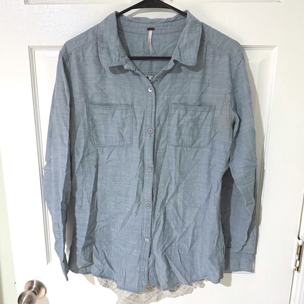 Free People Chambray Button Down Shirt Lace Back Blue‎ Long Sleeve Medium